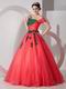 Coral Red Popular A-line Prom Gown With Green Applique