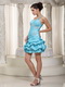 One Shoulder Mini-length Taffeta Cocktail Dress In Aqua Blue Knee Length Sexy