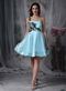 Light Blue One Shoulder Mini Prom Dress With Black Appliques Knee Length Sexy