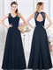 Modest Navy Blue Chiffon Bridal Party Dress Lace Neckline