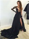 Nude Tulle Transparent Upper Bodice Sexy Slit Prom Dress Long Sleeves