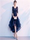 V neck Lace Cocktail Navy High Low Dance Dress With Half Transparent Sleeve