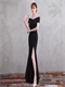 Portrait Close-fitting Sexy Slit Evening Dress Black Made By Spandex