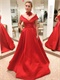 V Shaped Shoulder Floor Length Red Satin Pageant Dress Has Pockets
