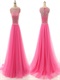Multilayered A-line Tulle Hot Pink Evening Dress Silver Beading