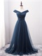 Petite Off Shoulder Tulle Ruching Genteel Prom Dress Navy Blue