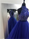 High Collar Royal Blue Tulle Evening Gowns With Colorful Crystals Bodice