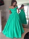 Off Shoulder Turquoise Puffy Satin Very Formal Dresses Has Pockets