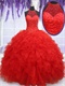 High Collar Red Organza Thick Ruffles Military Ball Gown Bustle Stage Show
