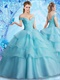 Off Shoulder Elastic Mesh Tape/Horsehair Layers Fluffy Ice Blue Quinceanera Ball Gown