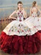Flowers and Leaves Embroidery White & Dark Wine Red Ruffles Macthing Ball Gown