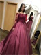 Off Shoulder Burgundy Satin Court Train Ball Dress For Teenage Girl