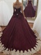 Burgundy Evening Quinceanera Gown Gold Appliques With Bowknot Back