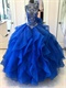 High Neck Modest Royal Blue Layers Ruffles Fotos De Quinceanera