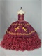 Western Sweet 16 Girl Burgundy Ball Gown Gold Horse Horseshoe Embroidery