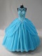 Aqua Tulle Flutters Curtain Designer Quinceanera Gown AB Crystals