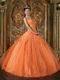 Ruched Sweetheart Applique Orange Organza Best Quinceanera Dress