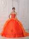 Orange Embroidered Bottom Quinceanera Gown With Chapel Train