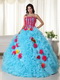 Aqua Quinceanera Dress With Rose Pink Flowers Bodice and Skirt Like Princess