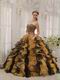 Unique Leopard Print Quinceanera Dress With Black And Yellow Ruffle Skirt