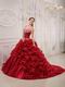 Wine Red Designer Quinceanera Dress With Spaghetti Straps