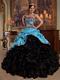 Aqua Blue And Black Cascade Skirt Dress to Quinceanera Party