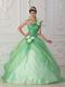 Single Shoulder Apple Green Prom Gown With Hand Made Flowers