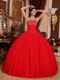 Sleeveless Beaded Scarlet Red Tulle Quinceanera Dress