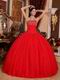 Sleeveless Beaded Scarlet Red Tulle Quinceanera Dress