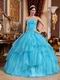 Cheap Aqua Blue Organza 2014 Prom Quinceanera Gown