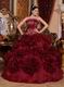 Basque Burgundy Quinceanera Dresses With Ruffled Flowers