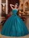 Dark Cyan Quinceanera Dress With Handmade Flower Side