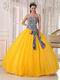 Printed Fabric Bodice Dark Yellow Quinceanera Dress Gown