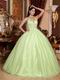 Straps V Neckline Yellow Green Open Back Quinceanera Dress