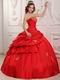 Red Evening Ball Gown With Golden Applique Decorate