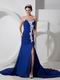 Spring Wear Royal Blue Appliqued Prom Dress With High Leg Side Split