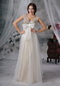 Beaded V-neck Champagne Lady Wear Prom Dress With Bow Inexpensive