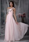 One Shoulder Beading Prom Dress Baby Pink Chiffon Fabric Inexpensive