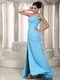 Aqua One Shoulder Chiffon Fabric Prom Dress With Right Side Split Inexpensive