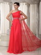 Watteau Top Prom Dresses 2014 With One Shoulder Coral Red Skirt Inexpensive