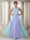 Aqua Blue and Lavender Chiffon Prom Dress V Neckline Inexpensive