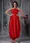 Red Column Strapless Ankle-length Organza Bow Prom Dress Inexpensive