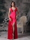 Coral Red V Neck Cross Back Elastic Satin Prom Dress With Split Inexpensive