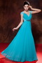 Teal V-neck Floor-length Chiffon Lace Dress For Prom Wear Inexpensive