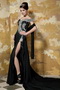 Black Column One Shoulder Chapel Train Prom Dress With Beading Bodice Inexpensive