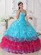 Strapless Aqua Blue and Deep Pink Layers Dress For Quinceanera