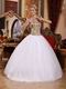 Cheap White Tulle Skirt Quinceanera Dress With Gold Sequin Bodice