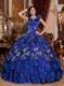 Royal Blue Sequined Flower Quinceanera Gown With Lotus Leaf Design