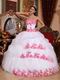 Pretty White Organza Quinceanera Gown With Pink Applique