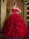 Strapless Wine Red Dress to Quinceanera With Feather Flowers